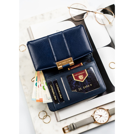 Damen-Geldbörse aus Öko-Leder, horizontal, dunkelblau, mit Druckknopfverschluss – Peterson