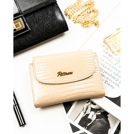 Horizontale, beige Damen-Geldbörse aus Öko-Leder mit Krokodil-Prägung – Peterson