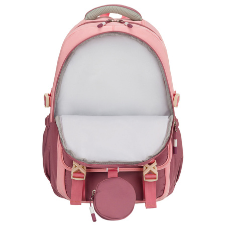 Geräumiger Schulrucksack aus Polyester in Rosa, aufgehängt an verstellbaren Trägern – Peterson