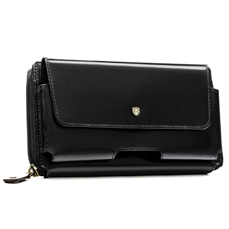 Zweifach unterteilte Herren-Handgelenktasche aus Leder in Schwarz mit Reißverschluss - Rovicky