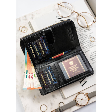 Große Damen Geldbörse aus Leder in Schwarz mit Reißverschluss und Druckknopf – Peterson