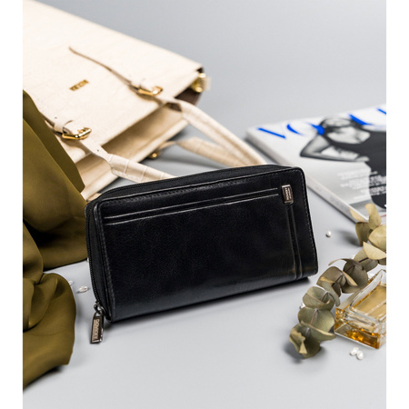 Große Damen Geldbörse aus Leder mit Reißverschluss und Druckknopf – Rovicky