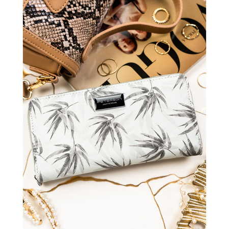 Graue Damen-Geldbörse im Federmäppchen-Stil mit Pflanzenmuster, hergestellt aus Natur- und Öko-Leder - Peterson