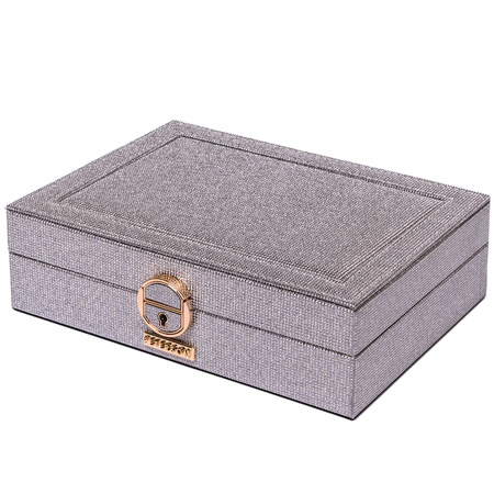 Silberne Schmuckschatulle mit speziellem Uhrenfach, abschließbar mit Schlüssel und Schnappverschluss – Peterson