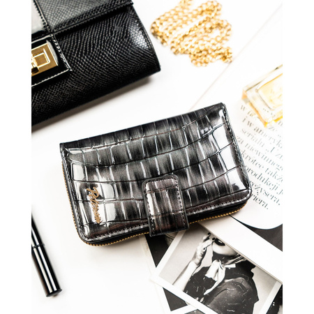 Graue Damen-Geldbörse aus Öko-Leder mit Krokodilhaut-Prägung, mit Druckknopf und Reißverschluss zu schließen - Peterson