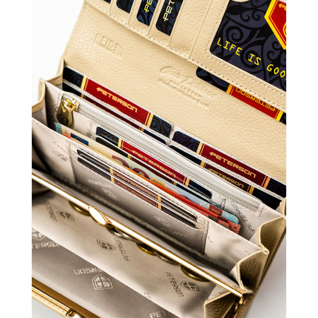 Beige Damen-Geldbörse aus Natur- und Öko-Leder mit Druckknopfverschluss – Peterson