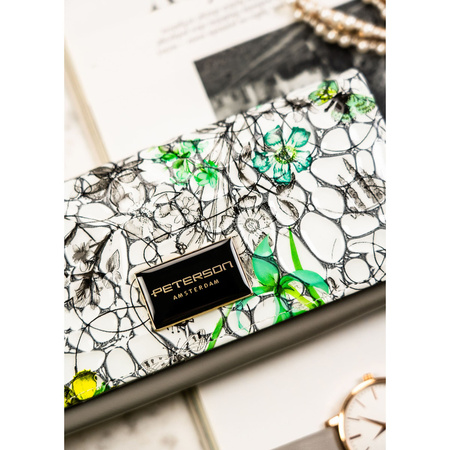 Horizontale Damen Geldbörse aus Echtleder mit Blumenmuster und Druckknopf – Peterson