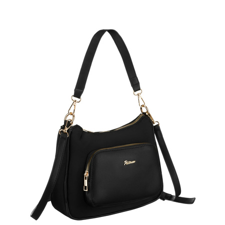 Schwarze Damen-Umhängetasche aus Nylon und Öko-Leder, an Griffen und einem abnehmbaren Gürtel aufgehängt - Peterson