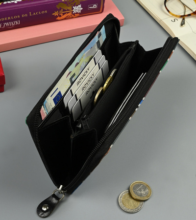 Portemonnaie Damen im Federmäppchen-Stil mit geprägter Struktur, Echtleder