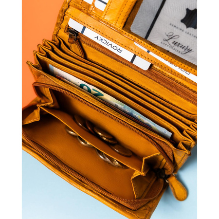 Senfgelbe Damen Geldbörse mit geometrischem Muster aus Echtleder – Rovicky