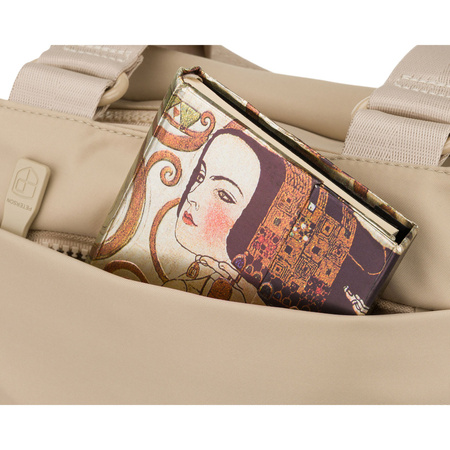 Beigefarbene, praktische Damen-Umhängetasche aus Polyester, aufgehängt an Griffen und einem abnehmbaren Gürtel – Peterson