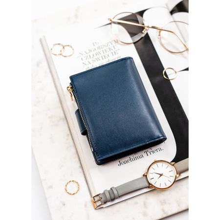 Damen-Geldbörse aus Öko-Leder in Marineblau mit Druckknopf- und Reißverschluss - Rovicky