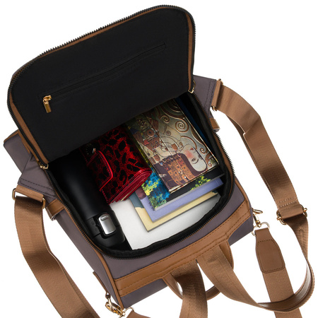 Grauer Damen-Rucksack aus Nylon und Öko-Leder mit abnehmbarem Gürtel, ein Hauptfach – Peterson