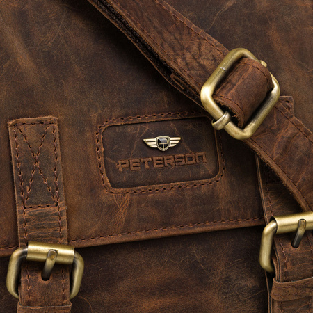 Braune Herren Umhängetasche aus Leder mit Reißverschluss und Druckknöpfen – Peterson