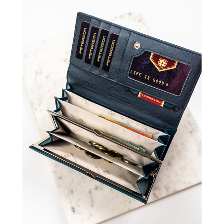 Große, horizontale Damen-Geldbörse aus echtem und Öko-Leder in Marineblau – Peterson