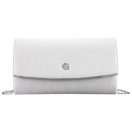 Damen-Clutch aus Leder in Silberfarbe, an einer silbernen Kette hängend - Rovicky