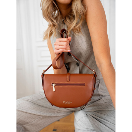 Beige-braune halbrunde Damen Umhängetasche aus Leder und Canvas – Peterson