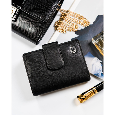 Schwarze Damen Geldbörse im Hochformat aus Leder mit Druckknopf – Rovicky