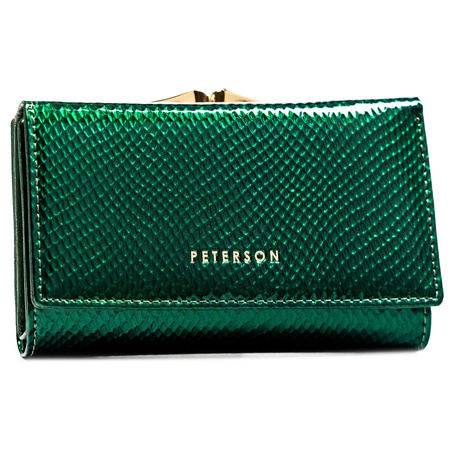 Mittelgroße Damen Geldbörse mit Bügel- und Druckknopfverschluss aus grünem Echtleder – Peterson