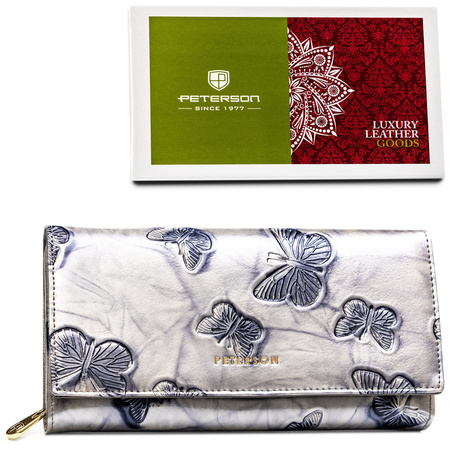 Geräumige Damen Geldbörse aus echtem Leder in Silber mit Druckknopf – Peterson