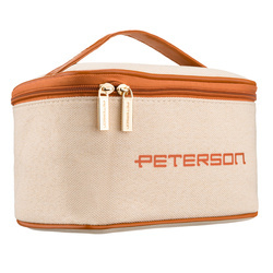 Beige-braune Kosmetiktasche aus synthetischem Stoff ausgestattet mit einem Griff, mit Reißverschluss geschlossen - Peterson