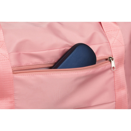 Rosafarbene Wochenendtasche aus strapazierfähigem Polyester, aufgehängt an bequemen Griffen - Peterson