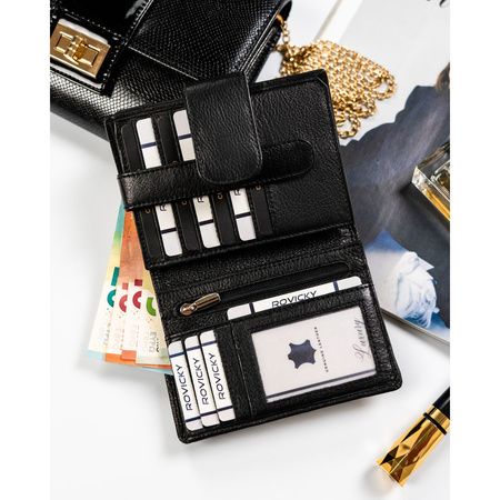 Schwarze Damen Geldbörse im Hochformat aus Leder mit Druckknopf – Rovicky