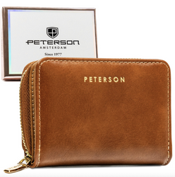 Braune Damen Geldbörse aus Öko-Leder mit Reißverschluss und Druckknopf – Peterson