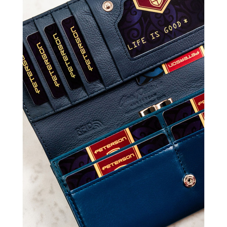 Große, horizontale Damen-Geldbörse aus echtem und Öko-Leder in Marineblau – Peterson