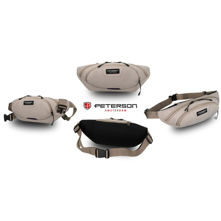 Praktische, hellgraue Sporttasche aus Polyester, aufgehängt an einem verstellbaren Gürtel – Peterson