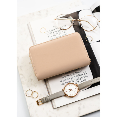 Beige Damen-Geldbörse aus Öko-Leder mit leicht gestreifter Struktur, mit Druckknopfverschluss - Peterson