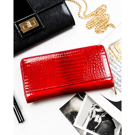 Lackierte Federmappen-Geldbörse aus Naturleder in Rot mit Reißverschluss – Rovicky