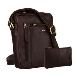 Peterson Herren-Umhängetasche aus Leder, klassisch, braun, mit Taschen und Etui