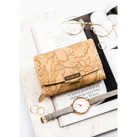 Elegante Damen-Geldbörse aus Öko-Leder in Beige mit Blumenmuster – Peterson