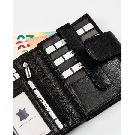 Schwarze Damen Geldbörse im Hochformat aus Leder mit Druckknopf – Rovicky