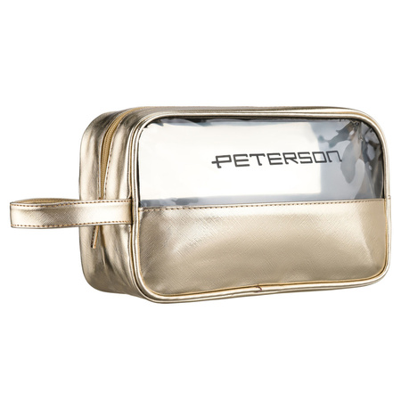 Goldene Kosmetiktasche aus synthetischem Gewebe, ausgestattet mit einem bequemen Griff und einem transparenten Fach – Peterson