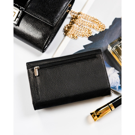 Geräumige schwarze Damen Geldbörse aus Leder mit RFID-Schutz – Rovicky