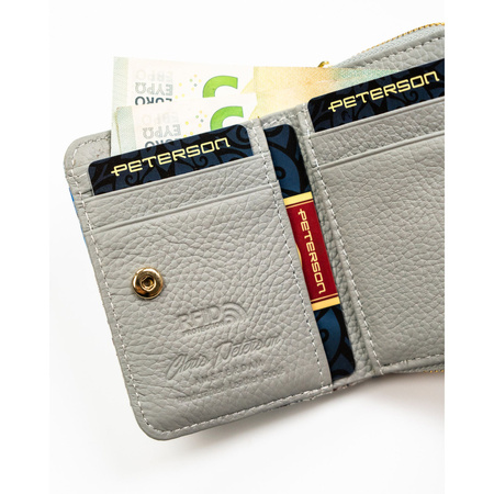 Praktische Damen Geldbörse aus blauem Echtleder mit RFID, Druckknopf und Reißverschluss – Peterson