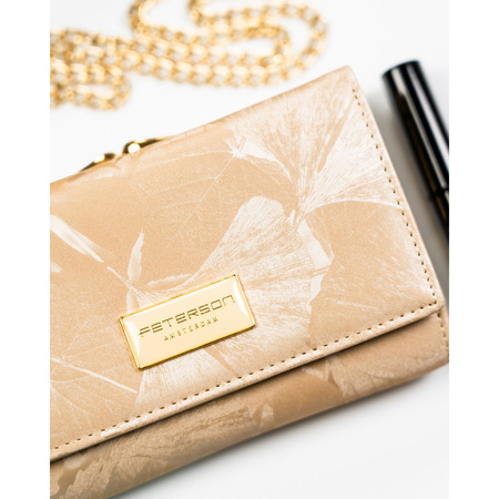 Beige Damen-Geldbörse aus Natur- und Öko-Leder mit Pflanzenmuster, verschließbar mit Bügel und Druckknopf - Peterson