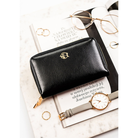 Große Damen-Geldbörse aus Öko-Leder in Schwarz mit Reißverschluss - Rovicky