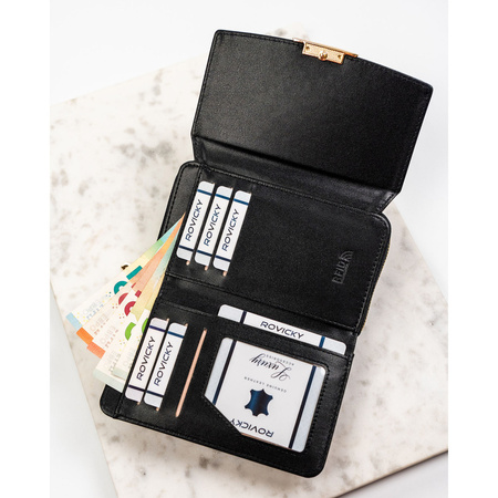 Mittelgroße Damen-Geldbörse aus Öko-Leder in Schwarz, Modell mit Platz für die Zulassungsbescheinigung - Rovicky