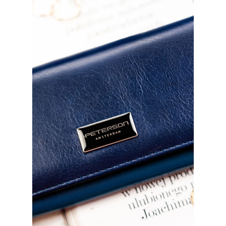 Große, horizontale Damen-Geldbörse aus echtem und Öko-Leder in Marineblau – Peterson