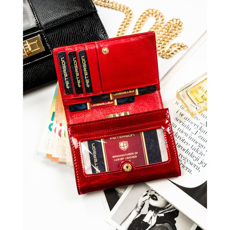 Rote Damen-Geldbörse aus lackiertem Naturleder, mit Druckknopf verschließbar - Peterson