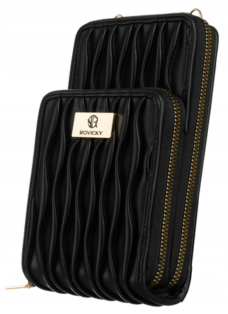 Schwarze Handtasche-Portemonnaie aus Öko-Leder mit modischen Falten vorn – Rovicky