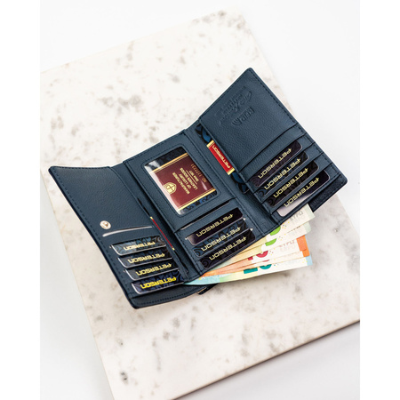 Damen-Geldbörse aus echtem Leder und Öko-Leder in Marineblau mit Druckknopfverschluss und Börsenverschluss - Peterson