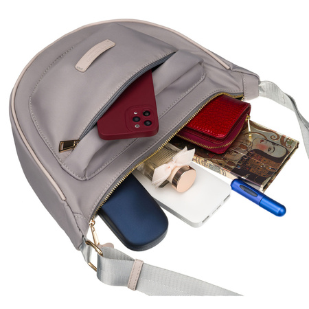 Graue Damen-Handtasche aus Nylon, aufgehängt an einem verstellbaren Gürtel und mit einem Reißverschluss geschlossen - Peterson