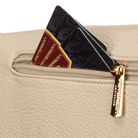 Beige Damen-Gürteltasche aus Öko-Leder mit Reißverschluss, getragen an einem verstellbaren Riemen – Peterson