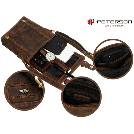 Braune Herren Umhängetasche aus Leder mit Reißverschluss und Druckknöpfen – Peterson