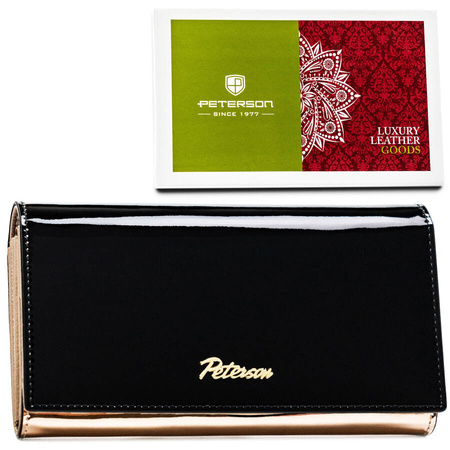 Große, horizontale Damen Geldbörse in Schwarz-Gold mit Druckknopfverschluss – Peterson