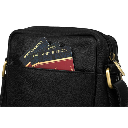 Schwarze Herren-Umhängetasche mit zwei Fächern aus Leder, aufgehängt an einem verstellbaren Gürtel – Peterson
